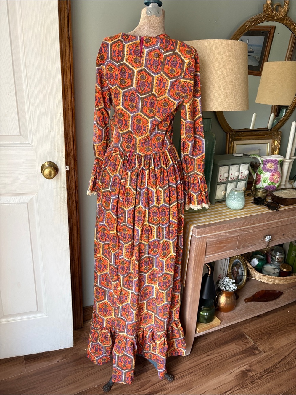 Vintage 60s/70s Orange Multi Hexagon Print Maxi Dress - Picture 5 of 6